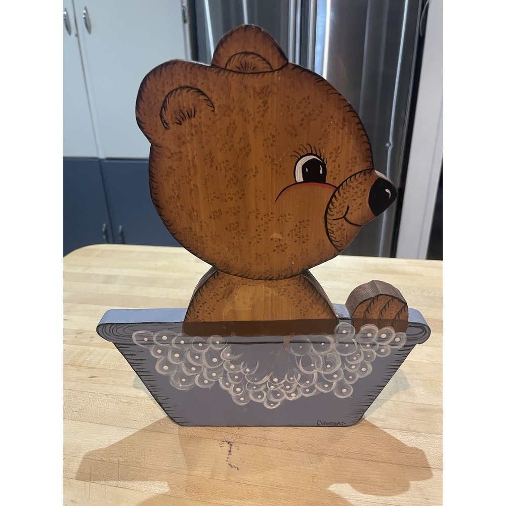 Handpainted Wooden Bear In Bathtub wall decor Cabin Bathroom Bubbles Nursery Vtg